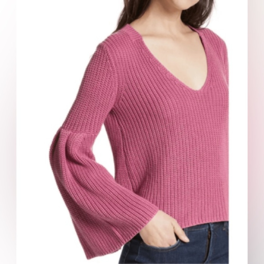 Free People Rose Pink Damsel Bell Sleeve Cotton V-neck Sweater |Small| - Picture 4 of 10